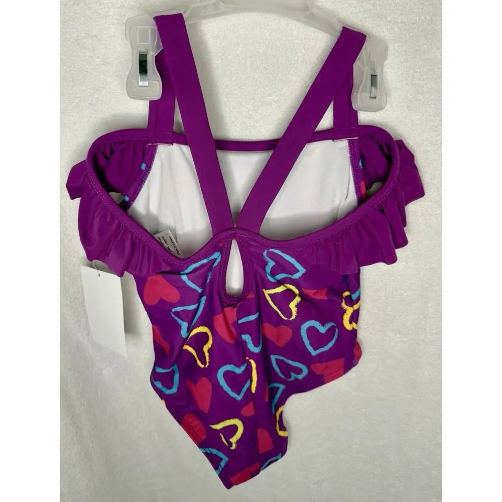 3T CUTE Toddler Girl Purple Hearts One-Piece Bathing Suit Ruffles, Keyhole Back